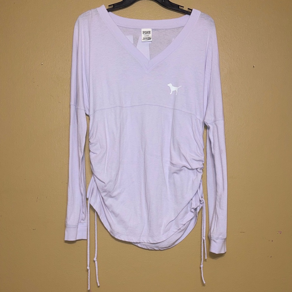 PINK Victoria's Secret Med Lavender Long Sleeve Top Drawstring Sides Lg Letters